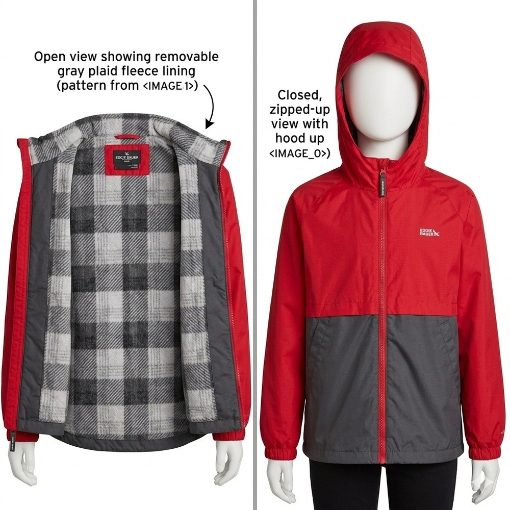 Eddie Bauer Jacket Kids M 10/12 Red Gray 3-in-1 Hooded Windbreaker Fleece Liner
